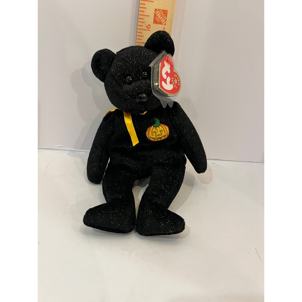 Ty Beanie Baby Haunt Black Sparkle Halloween Pumpkin Bear 2001 Tag Protector